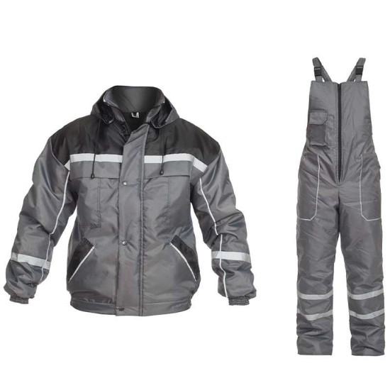 Costum vatuit cu dungi reflectorizante (salopeta cu pieptar si jacheta), gri Costum vatuit cu dungi reflectorizante (salopeta cu pieptar si jacheta), gri
