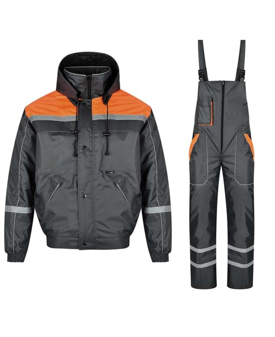 Costum de iarna vatuit, set salopeta cu pieptar si jacheta, gri cu portocaliu