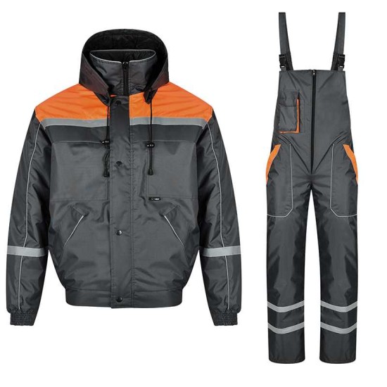Costum de iarna vatuit, set salopeta cu pieptar si jacheta, gri cu portocaliu Costum de iarna vatuit, set salopeta cu pieptar si jacheta, gri cu portocaliu