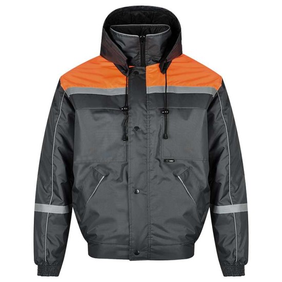 Costum de iarna vatuit, set salopeta cu pieptar si jacheta, gri cu portocaliu Costum de iarna vatuit, set salopeta cu pieptar si jacheta, gri cu portocaliu