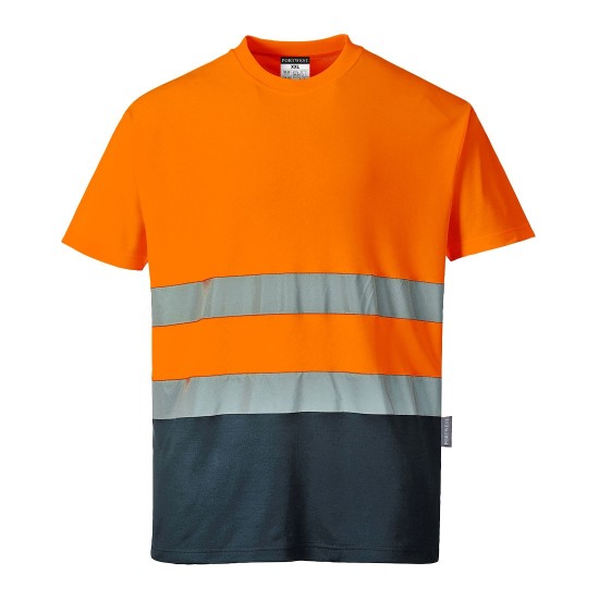 Tricou cu maneca scurta bicolor, reflectorizant, inalta vizibilitate, Portocaliu si bleumarin Tricou cu maneca scurta bicolor, reflectorizant, inalta vizibilitate, Portocaliu si bleumarin