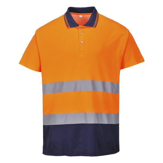 Tricou polo cu maneca scurta bicolor, reflectorizant, inalta vizibilitate, Portocaliu si bleumarin Tricou polo cu maneca scurta bicolor, reflectorizant, inalta vizibilitate, Portocaliu si bleumarin