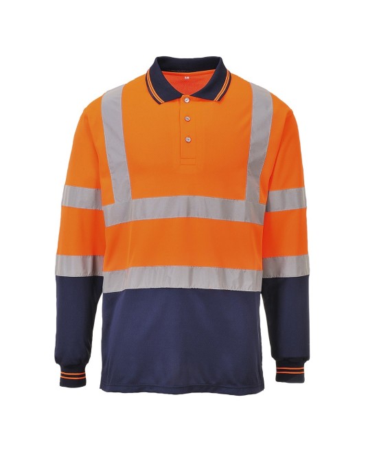 Tricou polo cu maneca lunga reflectorizant, inalta vizibilitate, bicolor, Portocaliu si bleumarin