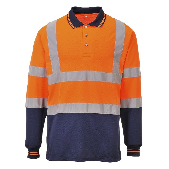 Tricou polo cu maneca lunga reflectorizant, inalta vizibilitate, bicolor, Portocaliu si bleumarin Tricou polo cu maneca lunga reflectorizant, inalta vizibilitate, bicolor, Portocaliu si bleumarin