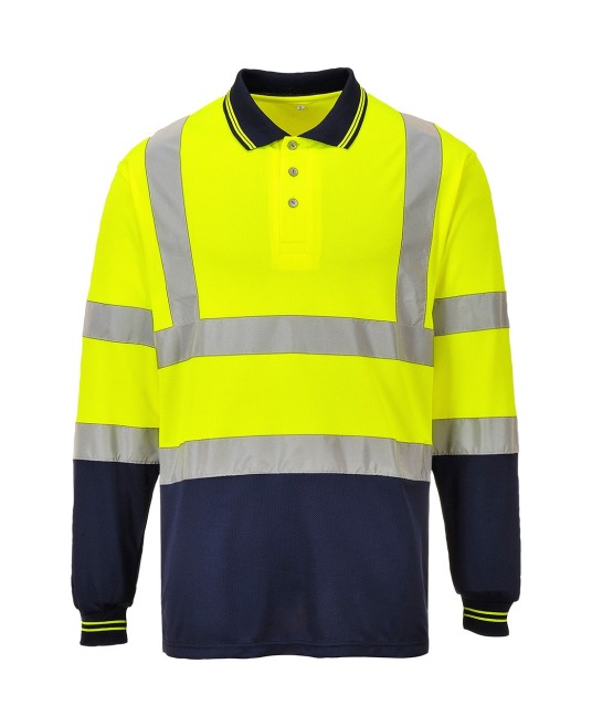 Tricou polo cu maneca lunga reflectorizant, inalta vizibilitate, bicolor, Galben si bleumarin