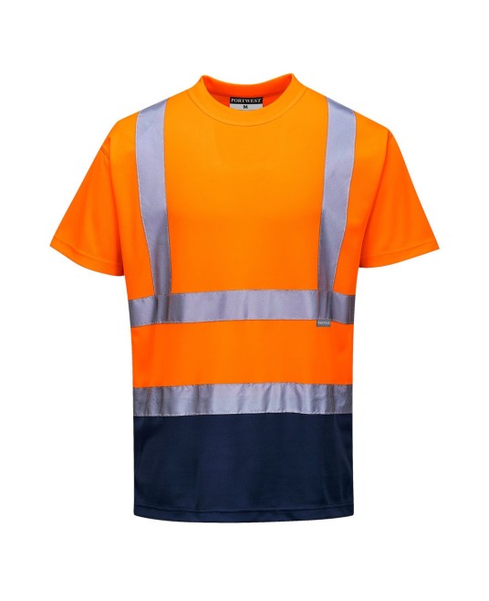Tricou cu maneca scurta bicolor, reflectorizant, inalta vizibilitate, Portocaliu si bleumarin