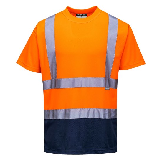 Tricou cu maneca scurta bicolor, reflectorizant, inalta vizibilitate, Portocaliu si bleumarin Tricou cu maneca scurta bicolor, reflectorizant, inalta vizibilitate, Portocaliu si bleumarin