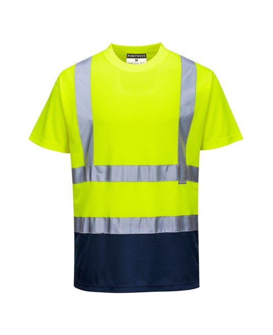 Tricou cu maneca scurta bicolor, reflectorizant, inalta vizibilitate, Galben si bleumarin