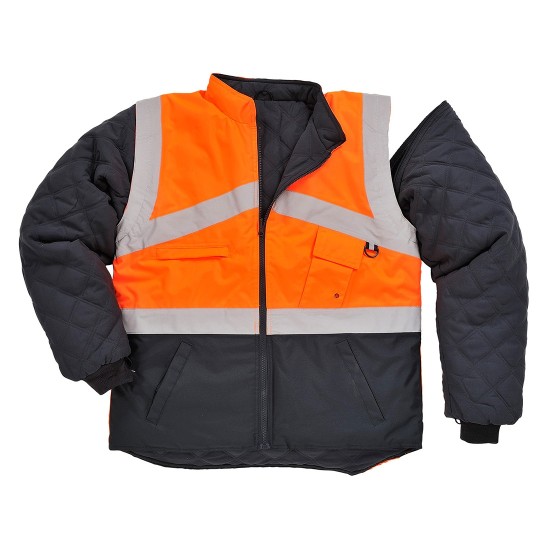Jacheta de protectie reflectorizanta cu 2 fete, poate fi purtata si ca vesta, Portocaliu si bleumarin Jacheta de protectie reflectorizanta cu 2 fete, poate fi purtata si ca vesta, Portocaliu si bleumarin