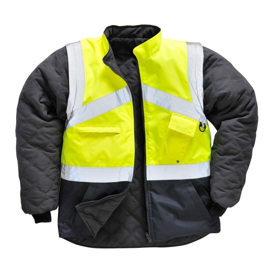 Jacheta de protectie reflectorizanta cu 2 fete, poate fi purtata si ca vesta, Galben si bleumarin Jacheta de protectie reflectorizanta cu 2 fete, poate fi purtata si ca vesta, Galben si bleumarin