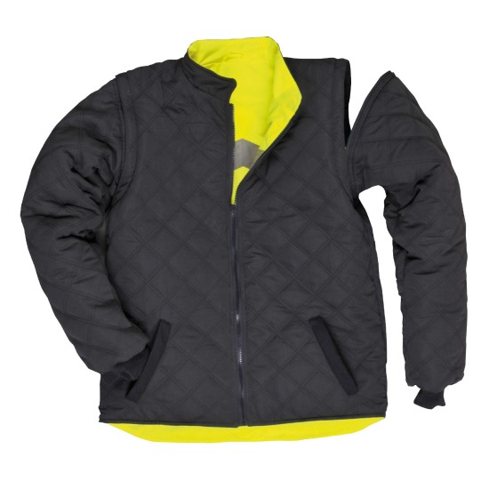 Jacheta de protectie reflectorizanta cu 2 fete, poate fi purtata si ca vesta, Galben si bleumarin