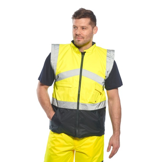 Jacheta de protectie reflectorizanta cu 2 fete, poate fi purtata si ca vesta, Portocaliu si bleumarin Jacheta de protectie reflectorizanta cu 2 fete, poate fi purtata si ca vesta, Portocaliu si bleumarin