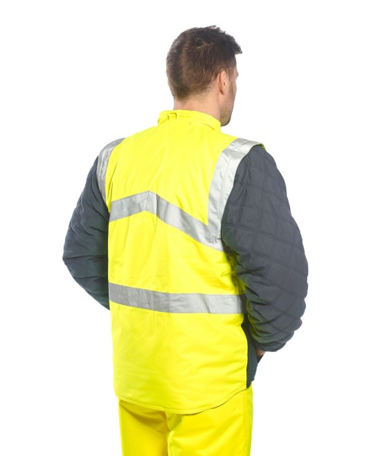 Jacheta de protectie reflectorizanta cu 2 fete, poate fi purtata si ca vesta, Galben si bleumarin