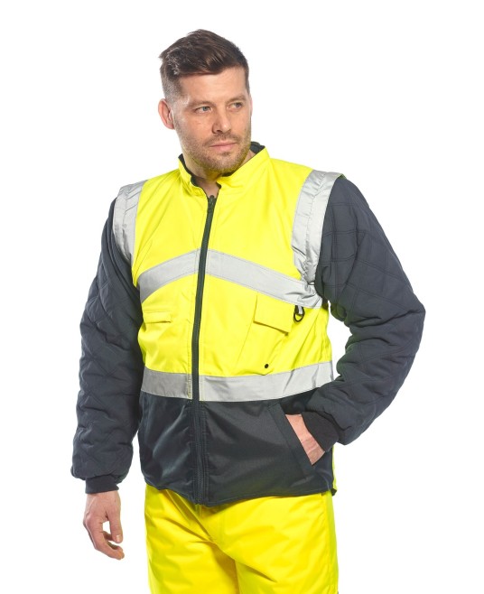 Jacheta de protectie reflectorizanta cu 2 fete, poate fi purtata si ca vesta, Galben si bleumarin