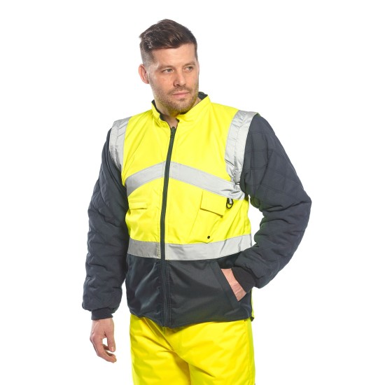 Jacheta de protectie reflectorizanta cu 2 fete, poate fi purtata si ca vesta, Galben si bleumarin Jacheta de protectie reflectorizanta cu 2 fete, poate fi purtata si ca vesta, Galben si bleumarin