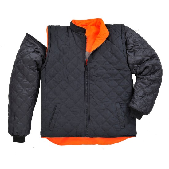 Jacheta de protectie reflectorizanta cu 2 fete, poate fi purtata si ca vesta, Portocaliu si bleumarin