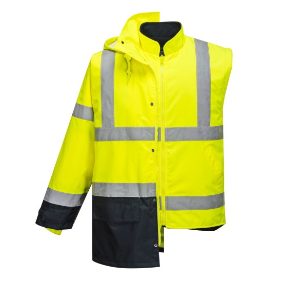 Jacheta vatuita reflectorizanta, 5 in 1, inalta vizibilitate, Galben si negru Jacheta vatuita reflectorizanta, 5 in 1, inalta vizibilitate, Galben si negru