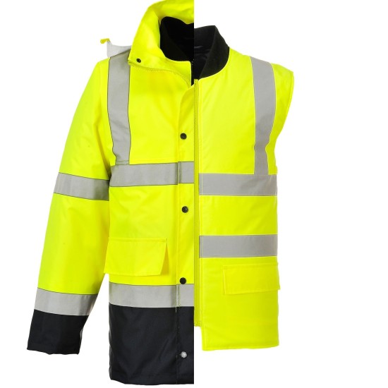 Jacheta vatuita reflectorizanta, 4 in 1, inalta vizibilitate, impermeabila, Galben si bleumarin Jacheta vatuita reflectorizanta, 4 in 1, inalta vizibilitate, impermeabila, Galben si bleumarin
