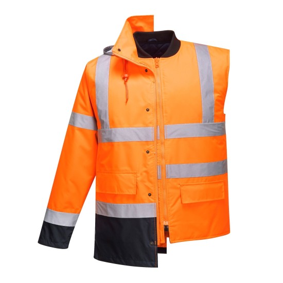 Jacheta vatuita reflectorizanta, 4 in 1, inalta vizibilitate, impermeabila, Portocaliu si bleumarin Jacheta vatuita reflectorizanta, 4 in 1, inalta vizibilitate, impermeabila, Portocaliu si bleumarin