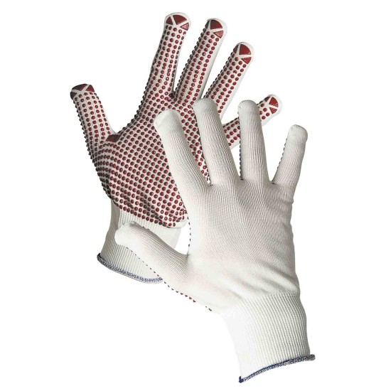 GANNET Manusi de protectie din nylon cu picouri PVC Alb si rosu GANNET Manusi de protectie din nylon cu picouri PVC Alb si rosu