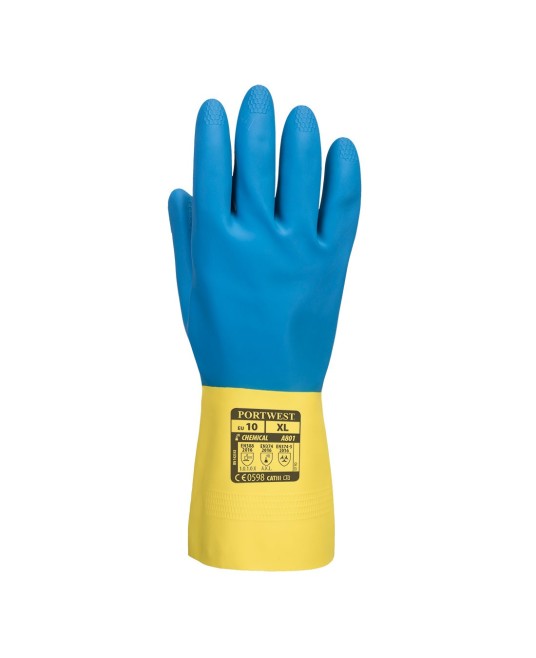 Manusi de protectie antichimica din latex, dublu impregnate, A801  Galben si albastru