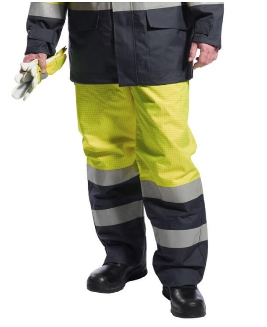 Pantaloni vatuiti reflectorizanti, ignifugi, antistatici, protectie chimica, Galben si bleumarin