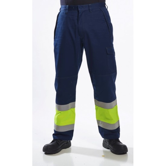 Pantaloni de protectie Multinorm: ignifuga reflectorizanta, antistatica, chimica [MV26] Galben si bleumarin