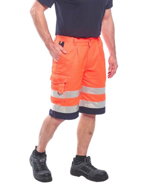 Pantaloni de lucru scurti reflectorizanti, polibumbac, Hi-Vis [E043] Portocaliu si bleumarin