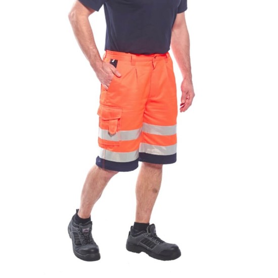 Pantaloni de lucru scurti reflectorizanti, polibumbac, Hi-Vis [E043] Portocaliu si bleumarin