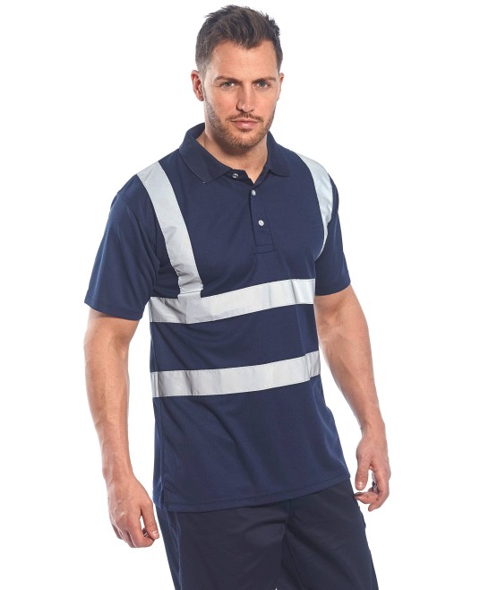 Tricou polo cu maneca scurta pentru barbati, poliester, dungi reflectorizante [F477] Bleumarin