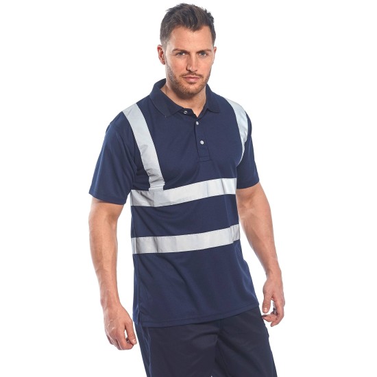 Tricou polo cu maneca scurta pentru barbati, poliester, dungi reflectorizante [F477] Bleumarin