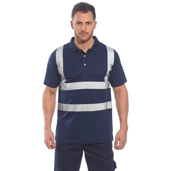 Tricou polo cu maneca scurta pentru barbati, poliester, dungi reflectorizante [F477] Bleumarin