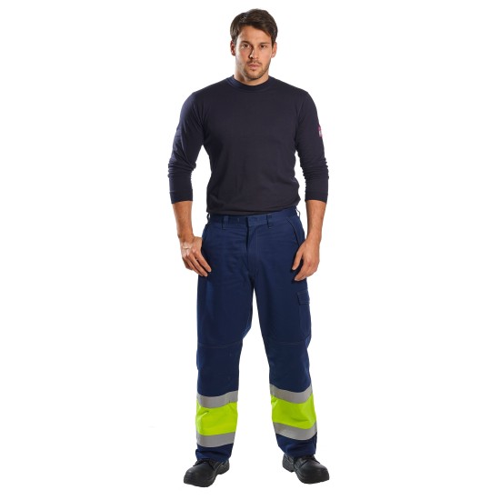 Pantaloni de protectie Multinorm: ignifuga reflectorizanta, antistatica, chimica [MV26] Galben si bleumarin