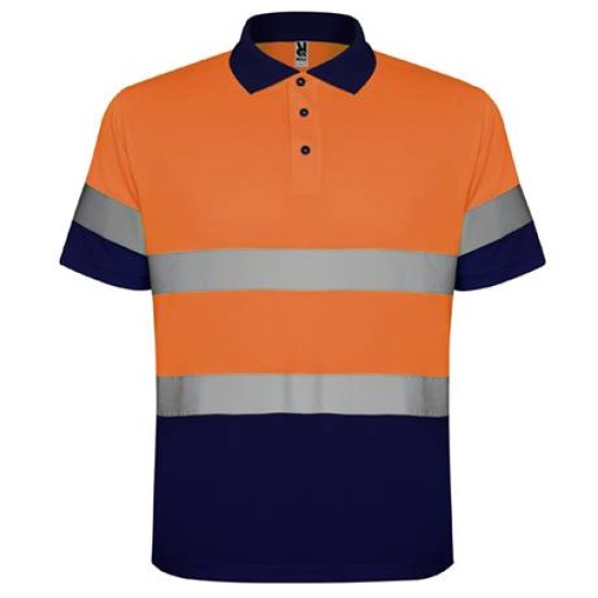 Tricou polo HiVis reflectorizant, 170g/m2 Portocaliu si bleumarin Tricou polo HiVis reflectorizant, 170g/m2 Portocaliu si bleumarin