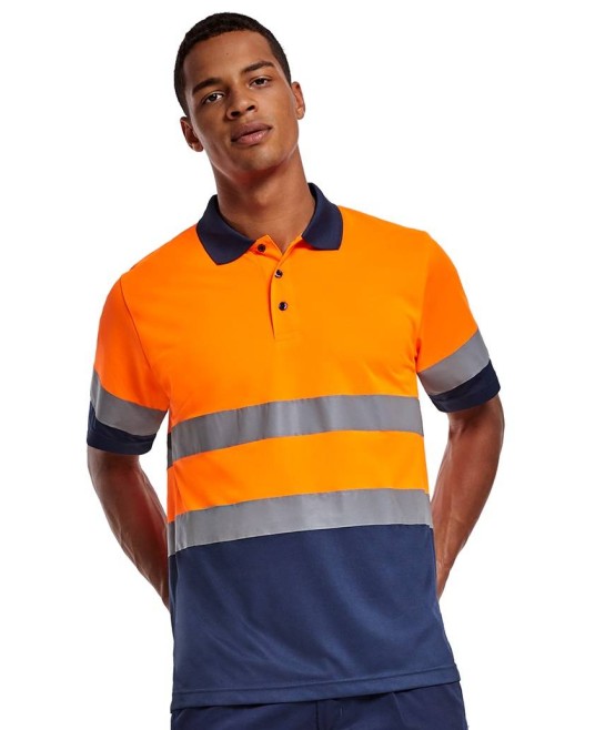 Tricou polo HiVis reflectorizant, 170g/m2 Portocaliu si bleumarin
