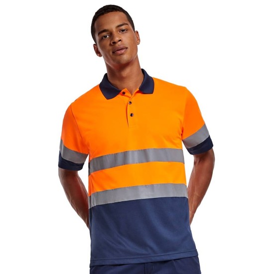 Tricou polo HiVis reflectorizant, 170g/m2 Portocaliu si bleumarin Tricou polo HiVis reflectorizant, 170g/m2 Portocaliu si bleumarin