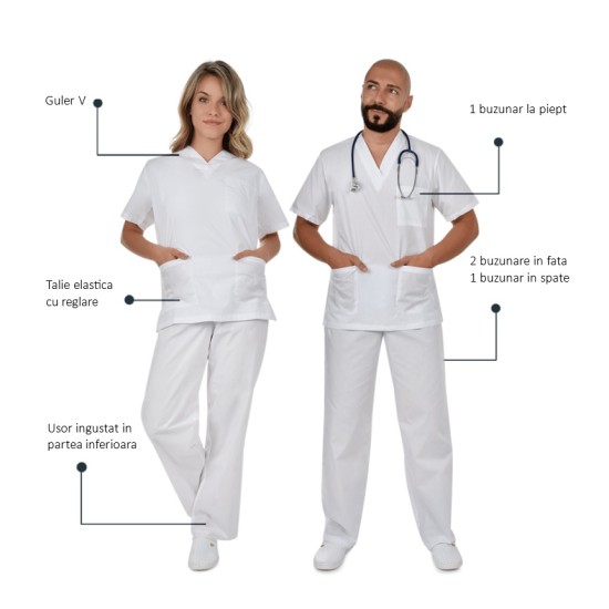 Costum medical unisex tercot subtire (pantaloni + tunica), densitate 110g/m2, alb