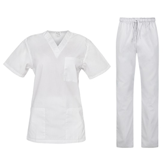Costum medical unisex (pantaloni + tunica), tercot 180g/m2, alb