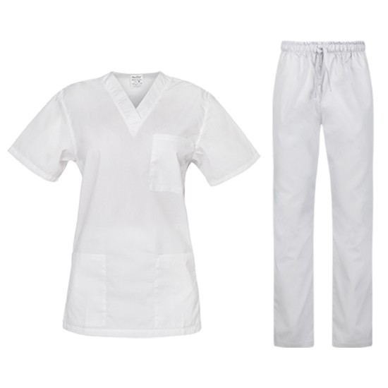 Costum medical unisex tercot subtire (pantaloni + tunica), densitate 110g/m2, alb