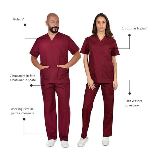 Costum medical unisex tercot subtire (pantaloni + tunica), densitate 110g/m2, visiniu