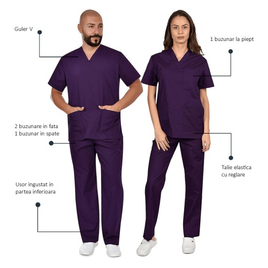 Costum medical unisex tercot subtire (pantaloni + tunica), densitate 110g/m2, mov Costum medical unisex tercot subtire (pantaloni + tunica), densitate 110g/m2, mov