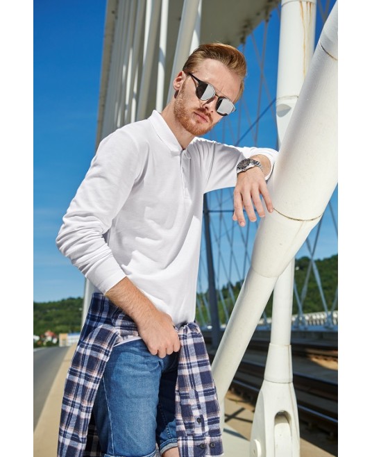 Tricou polo maneca lunga barbati, 200g/m2, Malfini LS 221, Alb