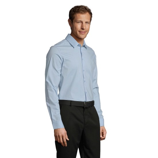 Camasa barbati cu maneca lunga, model slim fit si guler apretat, 120 g/mp, Albastru deschis Camasa barbati cu maneca lunga, model slim fit si guler apretat, 120 g/mp, Albastru deschis