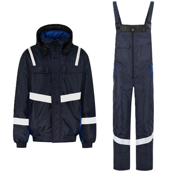 Costum de iarna cu dungi reflectorizante (salopeta cu pieptar si jacheta), bleumarin Costum de iarna cu dungi reflectorizante (salopeta cu pieptar si jacheta), bleumarin