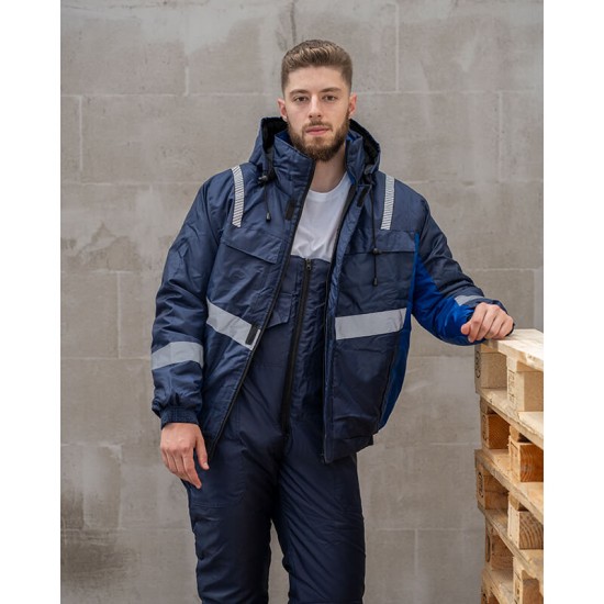 Costum de iarna cu dungi reflectorizante (salopeta cu pieptar si jacheta), bleumarin Costum de iarna cu dungi reflectorizante (salopeta cu pieptar si jacheta), bleumarin