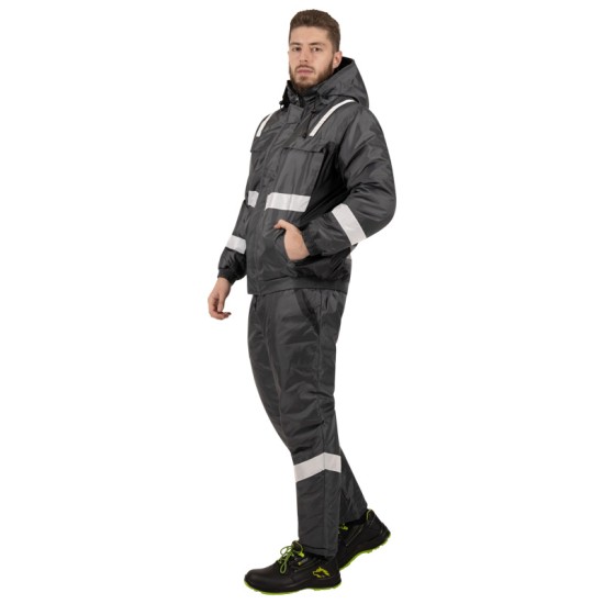 Costum de iarna cu dungi reflectorizante (salopeta cu pieptar si jacheta), gri Costum de iarna cu dungi reflectorizante (salopeta cu pieptar si jacheta), gri