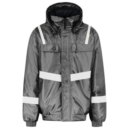 Costum de iarna cu dungi reflectorizante (salopeta cu pieptar si jacheta), gri Costum de iarna cu dungi reflectorizante (salopeta cu pieptar si jacheta), gri