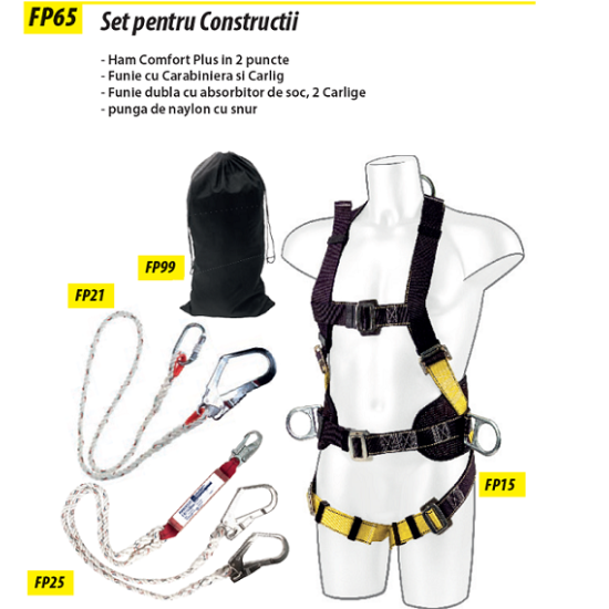 Set anticadere constructii-ham 2 puncte, franghie cu carabiniera si carlig [FP65] Negru