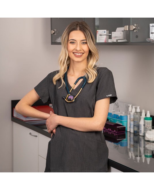 Tunica femei confortabila si moderna, cu 2 buzunare, gri inchis