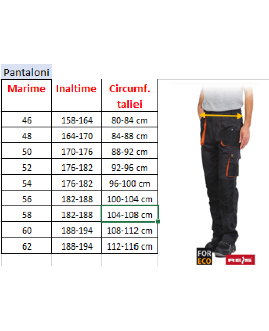 Pantaloni de lucru tercot For Eco 260g/m2, negru si portocaliu